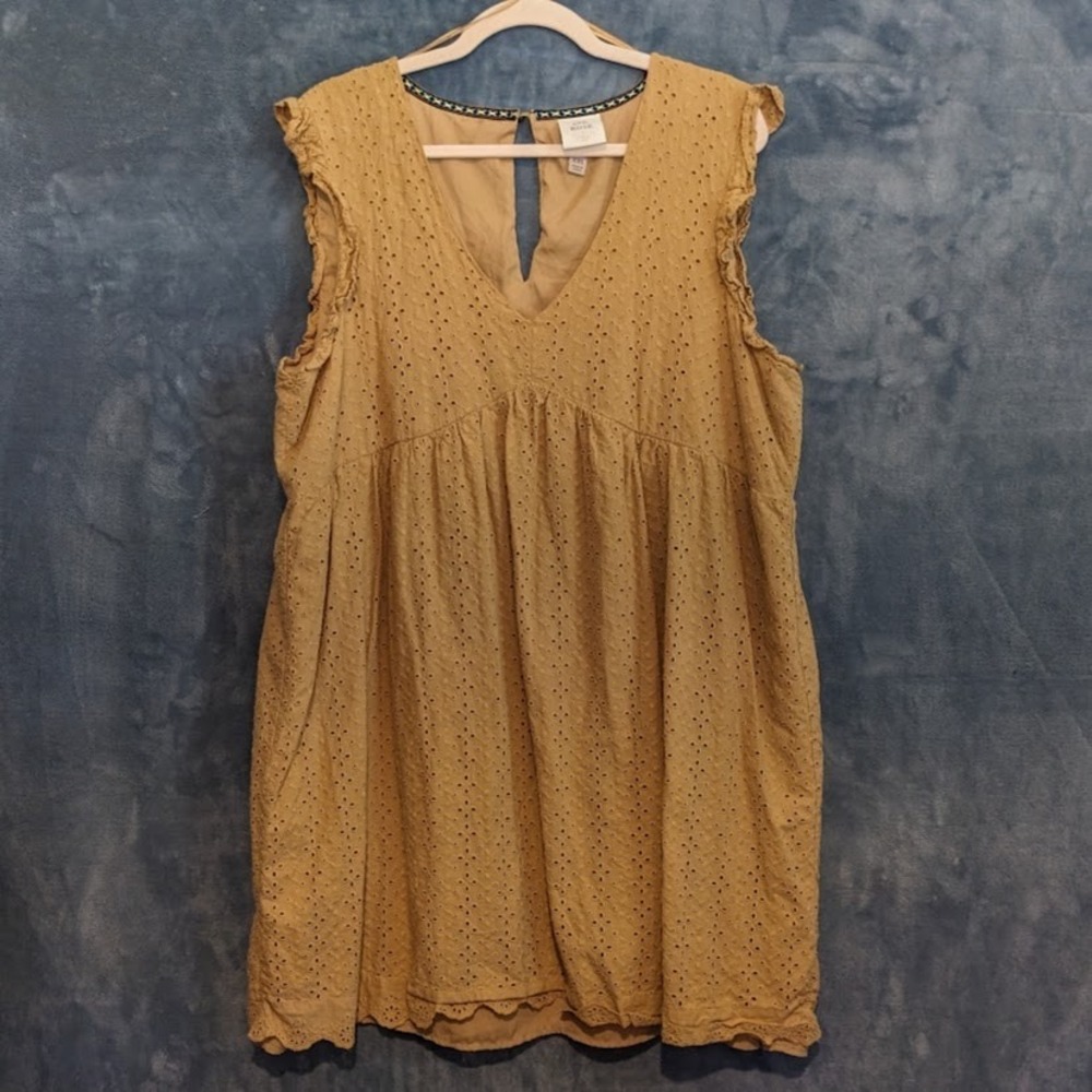 Knox Rose Women XXL Mustard Tan Cotton Eyelet Lace Ruffle Babydoll Dress V-Neck
